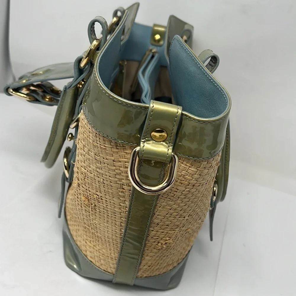 Stuart Weitzman Patent Leather and Raffia Woven Satchel w/ crossbody strap